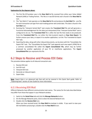 DiTranslator 8                                                                       QuickStart Guide

Explanation for the diagram above:

   1. The first file DiTranslator sees is the New Mail In file received from either your Value Added
      Network (VAN) or Trading Partner. This file is in raw EDI format and is found in the New Mail In
      icon.
   2. The “Sort Mail In” task operates on the New Mail In file and produces the Sort Mail file - one file
      for each transaction set type from each trading partner who sends data. This data is found in the
      Sort Mail icon.
   3. Running the “Interpret Sorted Mail” task creates the Translated Mail file and will generate a
      Functional Acknowledgement for the data just interpreted (if the “Interpret Sorted Mail” task is
      configured to do so). The Translated Mail file is often the last file that needs to be produced.
      From this Translated Mail file, run either the Hub (custom) reports or Raw Data Report. To
      further process your data, or export it to another application, run the “Put Translated to Export
      File” task.
   4. Exporting the data, along with other inbound documents, can be done with the “Consolidate the
      Export File” task. The “Consolidate the Export File” task appends each new export (.RFM) file to
      a common consolidated file called the Export Consolidated File, which may be further
      processed by another application of your PC or mainframe applications. The Export
      Consolidated File icon represents this file.



6.2 Steps to Receive and Process EDI Data:
The procedure below applies to all Inbound transaction sets:

   1.   Receive EDI mail.
   2.   Sort EDI mail.
   3.   Interpret EDI mail.
   4.   Generate an Inbound report.
   5.   Export data.


Note: Export Data is an advanced task that will not be covered in this Quick Start guide. Refer to
“Exporting Data” section of User Guide for more information.


6.2.1 Receiving EDI Mail
Different Networks have different communication task names. The names for the tasks described below
may differ from those that appear in your Network window.

   1. Switch to the Detail View tab and click the Manage Networks button.
   2. On the Manage Networks pane, click to select the desired Network icon.
   3. Double-click the Receive Mail icon.
      When you have received email, the New Mail In envelope is visible. If you want to view your
      EDI mail before processing it, double-click the New Mail In icon.


                                                  25
 