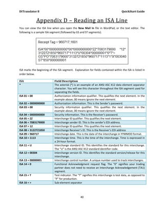 DiTranslator 8                                                                         QuickStart Guide


              Appendix D – Reading an ISA Line
You can view the ISA line when you open the New Mail In file in WordPad, or the text editor. The
following is a sample ISA segment (followed by GS and ST segments).




ISA marks the beginning of the ISA segment. Explanation for fields contained within the ISA is listed in
order below.

ISA                          Field Description
*                            The asterisk (*) is an example of an ANSI ASC X12 data element separator
                             character. You will see this character throughout the ISA segment used for
                             separating the fields.
ISA 01 = 00                  Authorization information qualifier. This qualifies the next element. In the
                             example above, 00 means ignore the next element.
ISA 02 = 0000000000          Authorization information. This is the Sender’s password.
ISA 03 = 00                  Security information qualifier. This qualifies the next element. In the
                             example above, 00 means ignore the next element.
ISA 04 = 0000000000          Security information. This is the Receiver’s password.
ISA 05 = ZZ                  Interchange ID qualifier. This qualifies the next element.
ISA 06 = 7083179000          Interchange sender ID. This is the sender’s EDI address.
ISA 07 = 12                  Interchange ID qualifier. This qualifies the next element.
ISA 08 = 3122721850          Interchange Receiver’s ID. This is the Receiver’s EDI address
ISA 09 = 960717              Interchange date. This is the date of the interchange in YYMMDD format.
ISA 10 = 1113                Interchange time. This is the time of the interchange. Time is expressed in
                             a 24-hour format.
ISA 11 = U                   Interchange standard ID. This identifies the standard for this interchange.
                             The “U” is the ANSI ASC X12 standard identifier code.
ISA 12 = 00304               Interchange version ID. This identifies the standard version/release for this
                             interchange.
ISA 13 = 00000001            Interchange control number. A unique number used to track interchanges.
ISA 14 = 0                   Functional Acknowledgment request flag. The “0” signifies your trading
                             partner does not need to receive an Interchange Acknowledgement (TA1)
                             segment.
ISA 15 = T                   Test indicator. The “T” signifies this interchange is test data, as opposed to
                             “P” for production.
ISA 16 = >                   Sub-element separator



                                                   40
 