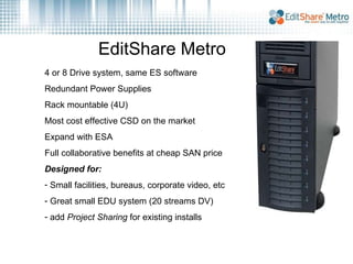 EditShare Metro 4 or 8 Drive system, same ES software Redundant Power Supplies Rack mountable (4U) Most cost effective CSD on the market Expand with ESA Full collaborative benefits at cheap SAN price Designed for: Small facilities, bureaus, corporate video, etc Great small EDU system (20 streams DV)  add  Project Sharing  for existing installs 