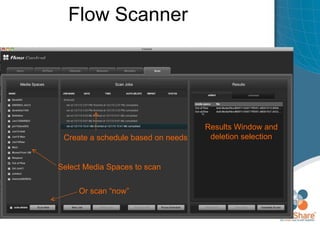 Flow Scanner Designed  Select Media Spaces to scan Create a schedule based on needs  Results Window and deletion selection Or scan “now” 