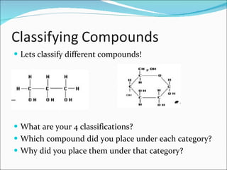 <ul><li>Lets classify different compounds! </li></ul><ul><li>What are your 4 classifications? </li></ul><ul><li>Which comp...