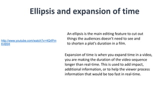 Ellipsis and expansion of time
An ellipsis is the main editing feature to cut out
things the audiences doesn’t need to see and
to shorten a plot's duration in a film.
Expansion of time is when you expand time in a video,
you are making the duration of the video sequence
longer than real-time. This is used to add impact,
additional information, or to help the viewer process
information that would be too fast in real-time.
http://www.youtube.com/watch?v=4QrlPm
K4B94
 