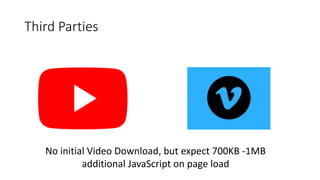 Third Parties
No initial Video Download, but expect 700KB -1MB
additional JavaScript on page load
 