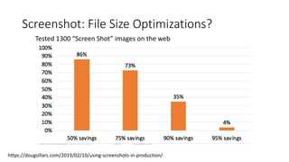Screenshot: File Size Optimizations?
Tested 1300 “Screen Shot” images on the web
https://dougsillars.com/2019/02/10/using-screenshots-in-production/
 
