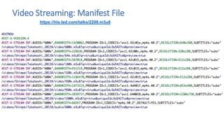 Video Streaming: Manifest File
https://hls.ted.com/talks/2208.m3u8
 