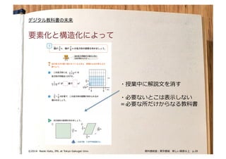 by Naoki Kato	
© Naoki Kato	
©2014- Naoki Kato, IML at Tokyo Gakugei Univ.
要素化と構造化によって
デジタル教科書の未来
教科書紙⾯面：東京書籍 　新しい算数６上 　p.28�
 　・授業中に解説⽂文を消す�
�
 　・必要ないとこは表⽰示しない�
 　＝必要な所だけからなる教科書�
 