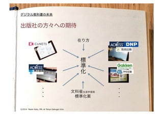 by Naoki Kato	
© Naoki Kato	
©2014- Naoki Kato, IML at Tokyo Gakugei Univ.
出版社の方々への期待
デジタル教科書の未来
・
・
・
・
・
・
文科省生涯学習局
標準化案
標
準
化 学校図書
在り方
 
