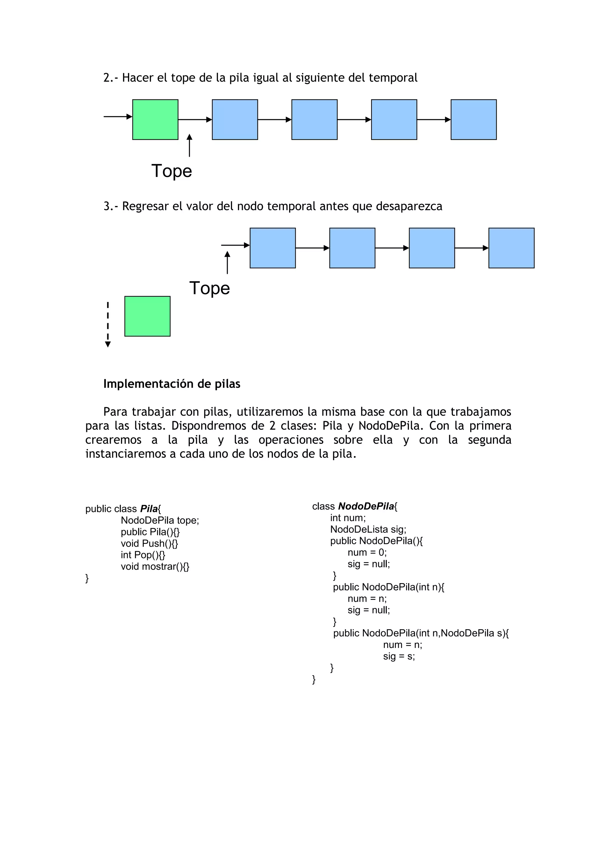 2.- Hacer el tope de la pila igual al siguiente del temporal 
3.- Regresar el valor del nodo temporal antes que desaparezca 
Implementación de pilas 
Para trabajar con pilas, utilizaremos la misma base con la que trabajamos para las listas. Dispondremos de 2 clases: Pila y NodoDePila. Con la primera crearemos a la pila y las operaciones sobre ella y con la segunda instanciaremos a cada uno de los nodos de la pila. 
public class Pila{ 
NodoDePila tope; 
public Pila(){} 
void Push(){} 
int Pop(){} 
void mostrar(){} 
} 
Tope 
Tope 
class NodoDePila{ 
int num; 
NodoDeLista sig; 
public NodoDePila(){ 
num = 0; 
sig = null; 
} 
public NodoDePila(int n){ 
num = n; 
sig = null; 
} 
public NodoDePila(int n,NodoDePila s){ 
num = n; 
sig = s; 
} 
}  