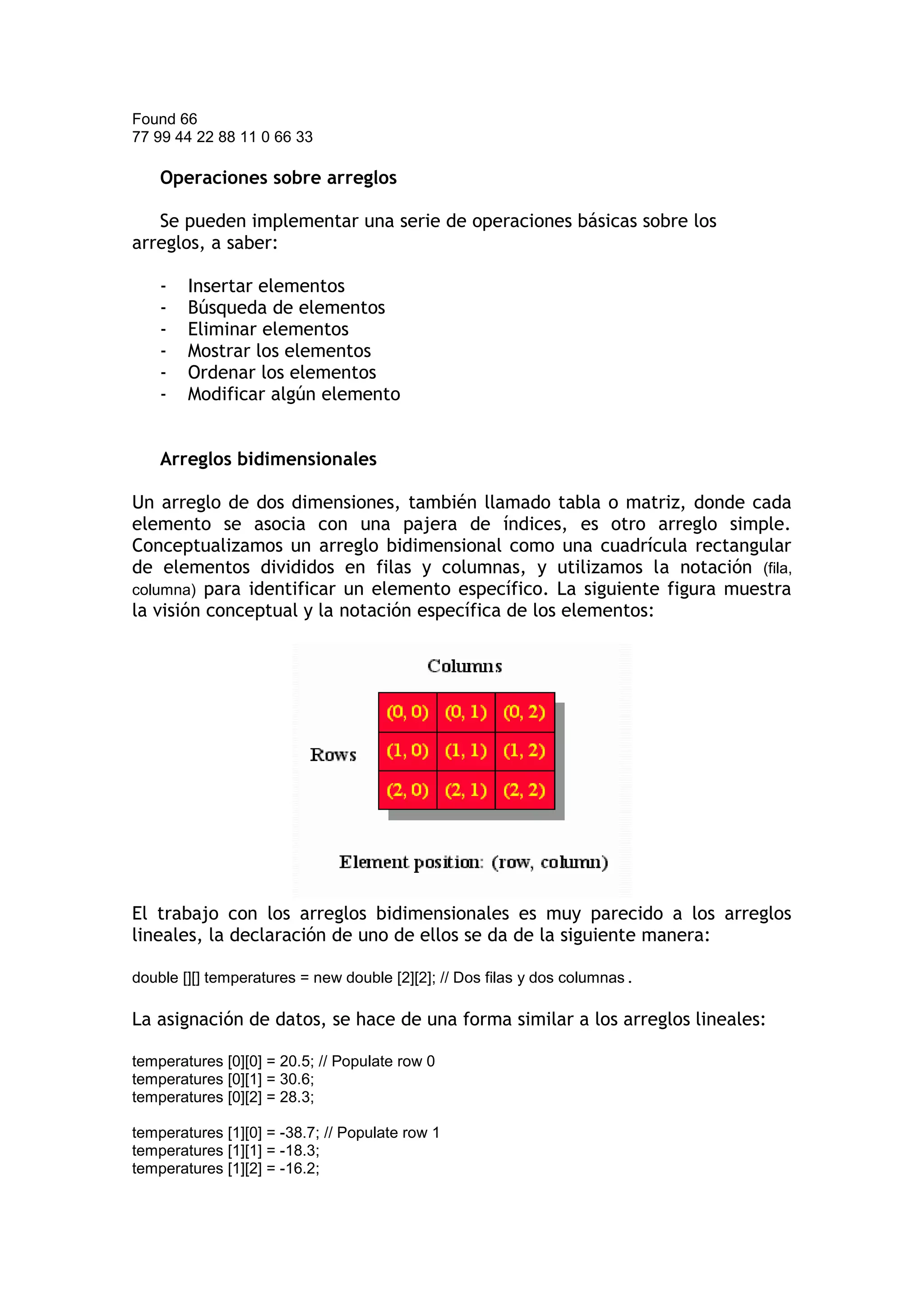 Found 66 
77 99 44 22 88 11 0 66 33 
Operaciones sobre arreglos 
Se pueden implementar una serie de operaciones básicas sobre los arreglos, a saber: 
- Insertar elementos 
- Búsqueda de elementos 
- Eliminar elementos 
- Mostrar los elementos 
- Ordenar los elementos 
- Modificar algún elemento 
Arreglos bidimensionales 
Un arreglo de dos dimensiones, también llamado tabla o matriz, donde cada elemento se asocia con una pajera de índices, es otro arreglo simple. Conceptualizamos un arreglo bidimensional como una cuadrícula rectangular de elementos divididos en filas y columnas, y utilizamos la notación (fila, columna) para identificar un elemento específico. La siguiente figura muestra la visión conceptual y la notación específica de los elementos: 
El trabajo con los arreglos bidimensionales es muy parecido a los arreglos lineales, la declaración de uno de ellos se da de la siguiente manera: 
double [][] temperatures = new double [2][2]; // Dos filas y dos columnas. 
La asignación de datos, se hace de una forma similar a los arreglos lineales: 
temperatures [0][0] = 20.5; // Populate row 0 
temperatures [0][1] = 30.6; 
temperatures [0][2] = 28.3; 
temperatures [1][0] = -38.7; // Populate row 1 
temperatures [1][1] = -18.3; 
temperatures [1][2] = -16.2;  