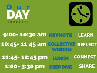 DAYt o g e t h e r
O u r
9:00- 10:30 am KEYNOTE
10:45- 11:45 am
LEARN
REFLECT
CONNECT11:45- 12:45 pm LUNCH
COLLECTIVE
WISDOM
1:00- 3:30 pm DEEPDIVE SHARE
 