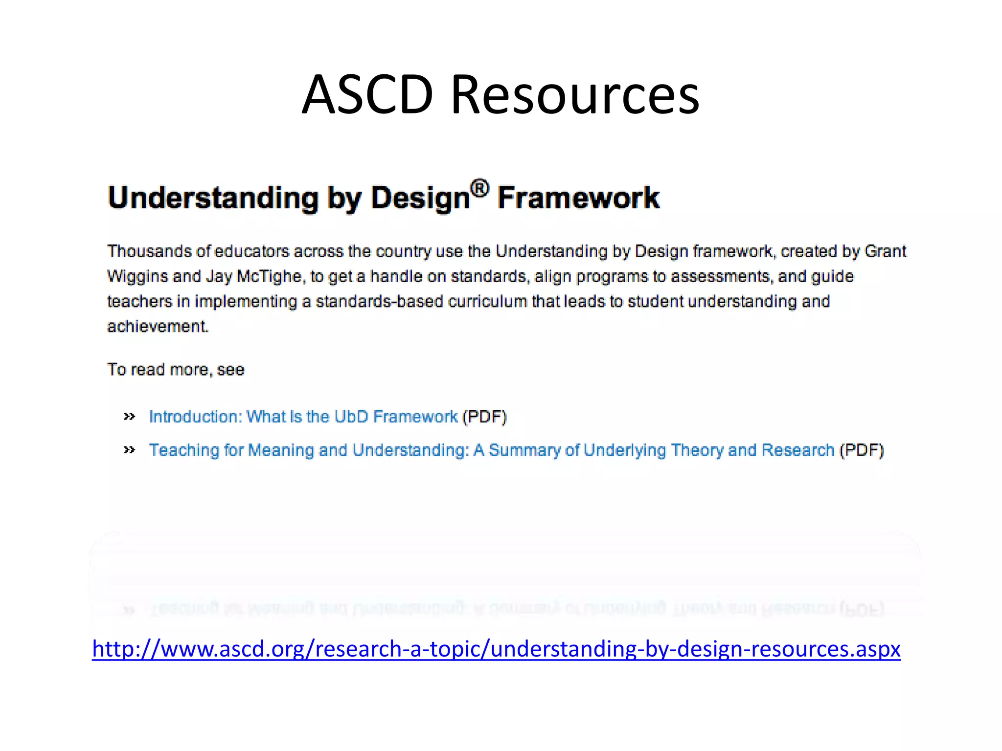 ASCD Resources
http://www.ascd.org/research-a-topic/understanding-by-design-resources.aspx
 