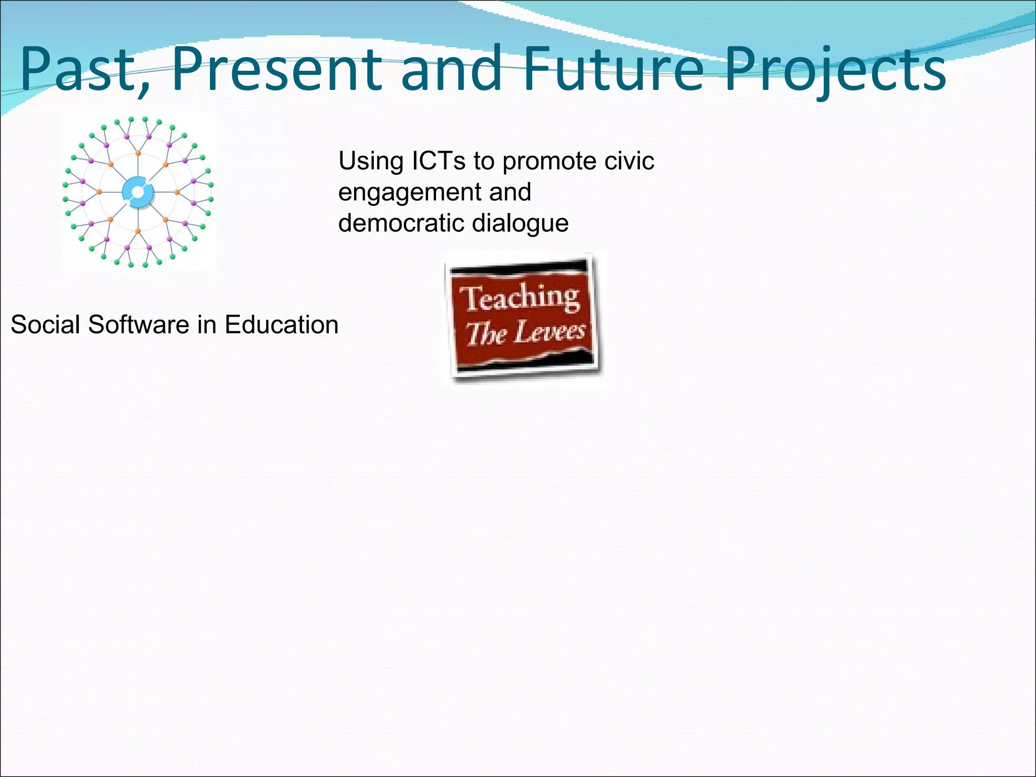 Past, Present and Future Projects Social Software in Education Using ICTs to promote civic engagement and democratic dialogue 