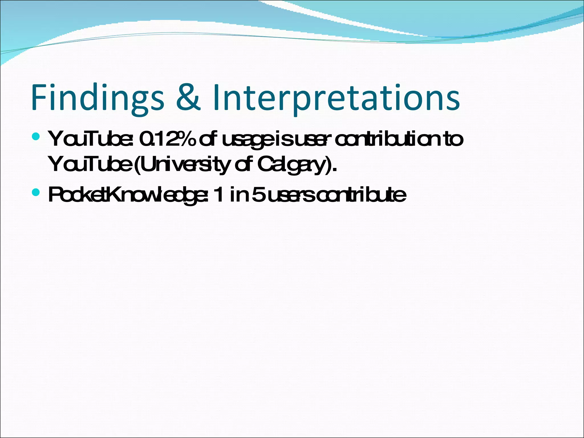Findings & Interpretations YouTube: 0.12% of usage is user contribution to YouTube (University of Calgary).  PocketKnowledge: 1 in 5 users contribute 