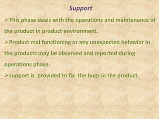 Support
This phase deals with the operations and maintenance of
the product in product environment.
Product mal functioning or any unexpected behavior in
the products may be observed and reported during
operations phase.
support is provided to fix the bugs in the product.
 