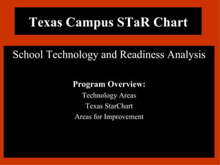 Texas   Campus STaR Chart School Technology and Readiness Analysis Program Overview: Technology Areas Texas StarChart Areas for Improvement 