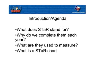 Introduction/Agenda

•What does STaR stand for?
•Why do we complete them each
year?
•What are they used to measure?
•What is a STaR chart
 