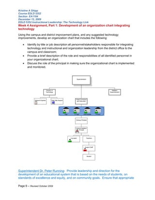 Kristine A Shipp
Course EDLD 5352
Section EA1164
December 13, 2009
EDLD 5352 Instructional Leadership: The Technology Link
Week 4 Assignment, Part 1: Development of an organization chart integrating
technology
Using the campus and district improvement plans, and any suggested technology
improvements, develop an organization chart that includes the following:

   •   Identify by title or job description all personnel/stakeholders responsible for integrating
       technology and instructional and organization leadership from the district office to the
       campus and classroom;
   •   Provide a brief description of the role and responsibilities of all identified personnel in
       your organizational chart;
   •   Discuss the role of the principal in making sure the organizational chart is implemented
       and monitored.



                                                                            Superintendent




                                 Director of                                                                         Assistant
                                 Technology                                                                        Superintendent




                                                                            Head Curriculum
              Network Engineer           Desk Side Support
                                                                             and Instruction




                                                             High        Jr. High      Intermediate      Primary



                                                                           Campus Principal




                                                                           Campus Assistant
                                                                              Principal




                                                                    Counselor                Teachers




                                                                                         Support Staff




                                                                                               Student




Superintendent Dr. Peter Running- Provide leadership and direction for the
development of an educational system that is based on the needs of students, on
standards of excellence and equity, and on community goals. Ensure that appropriate

Page 6 – Revised October 2009
 