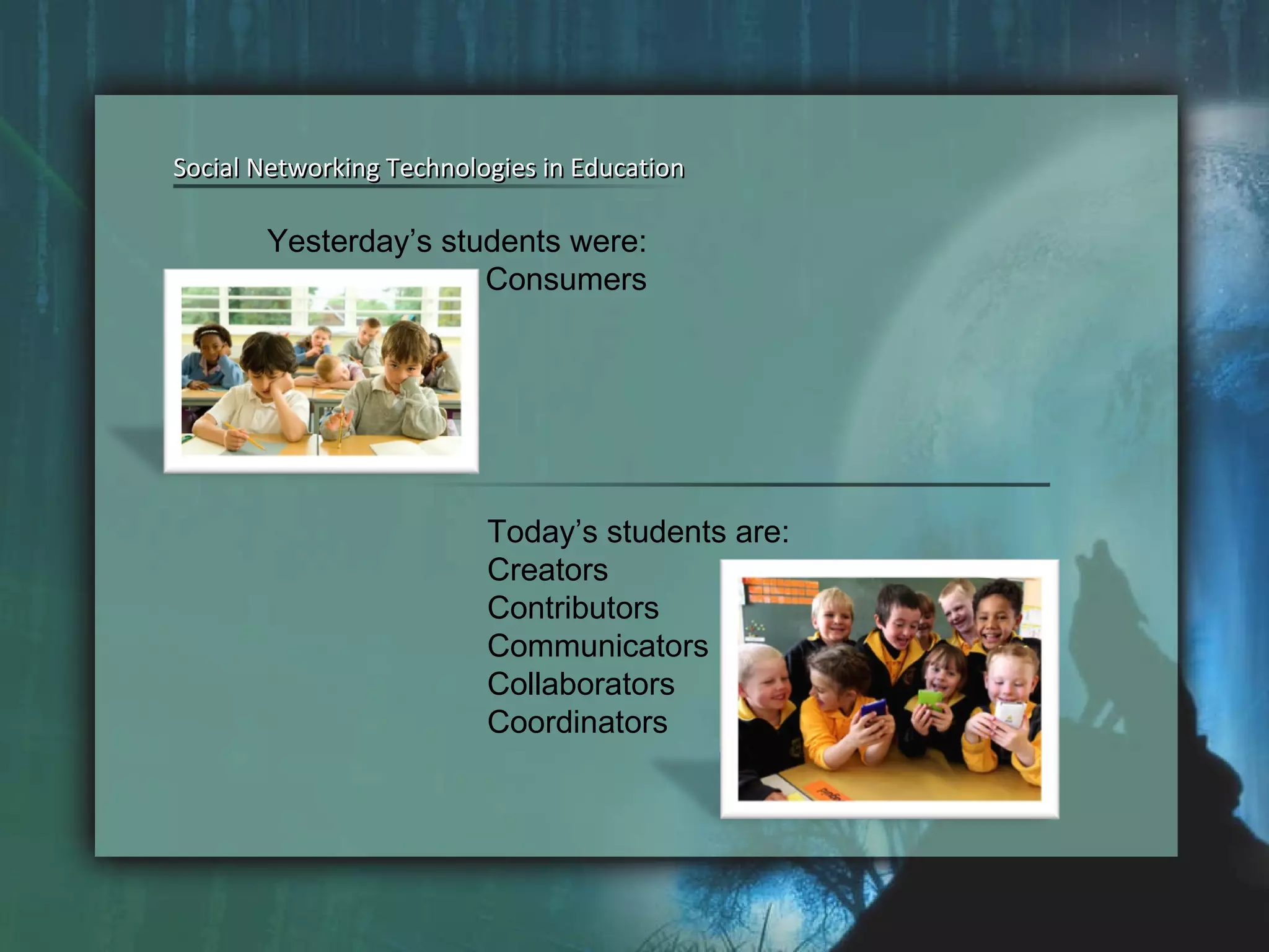 Social Networking Technologies in Education Social Networking Technologies in Education Today’s students are: Creators Contributors Communicators Collaborators Coordinators Yesterday’s students were: Consumers 