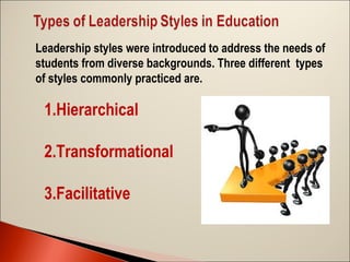 Leadership styles were introduced to address the needs of
students from diverse backgrounds. Three different types
of styles commonly practiced are.

1.Hierarchical
2.Transformational
3.Facilitative

 