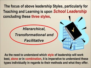 The focus of above leadership Styles, particularly for
Teaching and Learning is upon School Leadership
concluding these three styles,
Hierarchical,
Transformational and
Facilitative

As the need to understand which style of leadership will work
best, alone or in combination, it is imperative to understand these
types individually in regards to their methods and what they offer.

 