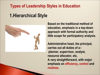 Types of Leadership Styles in Education

1.Hierarchical Style
Based on the traditional method of
education, emphasis in a top-down
approach with formal authority and
little scope for participatory analysis.
Administrative head, the principal,
carries out all duties of a:planner, supervisor, analyst,
resource allocator, etc.
A very straightforward, with major
emphasis on efficiency, control and
routines. 

 