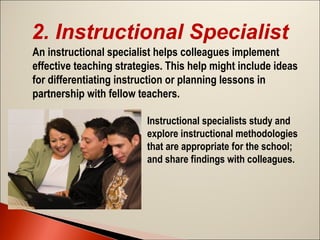 2. Instructional Specialist
An instructional specialist helps colleagues implement
effective teaching strategies. This help might include ideas
for differentiating instruction or planning lessons in
partnership with fellow teachers.
Instructional specialists study and
explore instructional methodologies
that are appropriate for the school;
and share findings with colleagues.

 