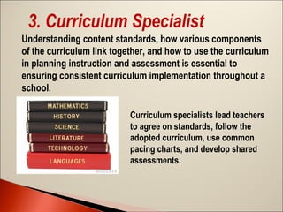 3. Curriculum Specialist
Understanding content standards, how various components
of the curriculum link together, and how to use the curriculum
in planning instruction and assessment is essential to
ensuring consistent curriculum implementation throughout a
school.
Curriculum specialists lead teachers
to agree on standards, follow the
adopted curriculum, use common
pacing charts, and develop shared
assessments.

 