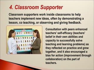 4. Classroom Supporter
Classroom supporters work inside classrooms to help
teachers implement new ideas, often by demonstrating a
lesson, co teaching, or observing and giving feedback.
Consultation with peers enhanced
teachers' self-efficacy (teachers'
belief in their own abilities and
capacity to successfully solve
teaching and learning problems) as
they reflected on practice and grew
together, and it also encouraged a
bias for action (improvement through
collaboration) on the part of
teachers.

 
