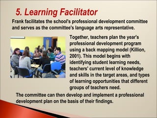 5. Learning Facilitator
Frank facilitates the school's professional development committee
and serves as the committee's language arts representative.
Together, teachers plan the year's
professional development program
using a back mapping model (Killion,
2001). This model begins with
identifying student learning needs,
teachers' current level of knowledge
and skills in the target areas, and types
of learning opportunities that different
groups of teachers need.
The committee can then develop and implement a professional
development plan on the basis of their findings.

 