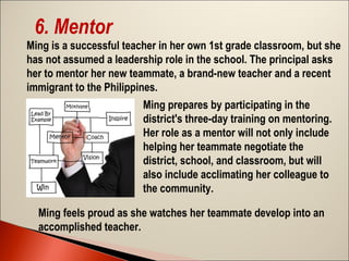 6. Mentor
Ming is a successful teacher in her own 1st grade classroom, but she
has not assumed a leadership role in the school. The principal asks
her to mentor her new teammate, a brand-new teacher and a recent
immigrant to the Philippines.
Ming prepares by participating in the
district's three-day training on mentoring.
Her role as a mentor will not only include
helping her teammate negotiate the
district, school, and classroom, but will
also include acclimating her colleague to
the community.
Ming feels proud as she watches her teammate develop into an
accomplished teacher.

 