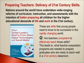 Preparing Teachers: Delivery of 21st Century Skills.
Nations around the world have undertaken wide-ranging
reforms of curriculum, instruction, and assessments with the
intention of better preparing all children for the higher
educational demands of life and work in the 21st century.
These are skills that young people
need to know to be successful in this
rapidly changing world.

Q: Are teachers competent to
effectively teach those skills?
This leads to, what teacher preparation
programs are needed to prepare
graduates who are ready to teach well
in a 21st century classroom.

 
