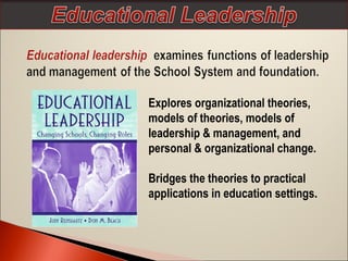 Explores organizational theories,
models of theories, models of
leadership & management, and
personal & organizational change.
Bridges the theories to practical
applications in education settings.

 