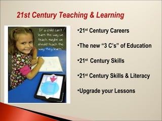 21st Century Teaching & Learning
•21st Century Careers
•The new “3 C’s” of Education
•21st Century Skills
•21st Century Skills & Literacy
•Upgrade your Lessons

 