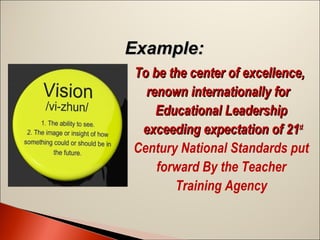 Example:
To be the center of excellence,
renown internationally for
Educational Leadership
exceeding expectation of 21st
Century National Standards put
forward By the Teacher
Training Agency

 
