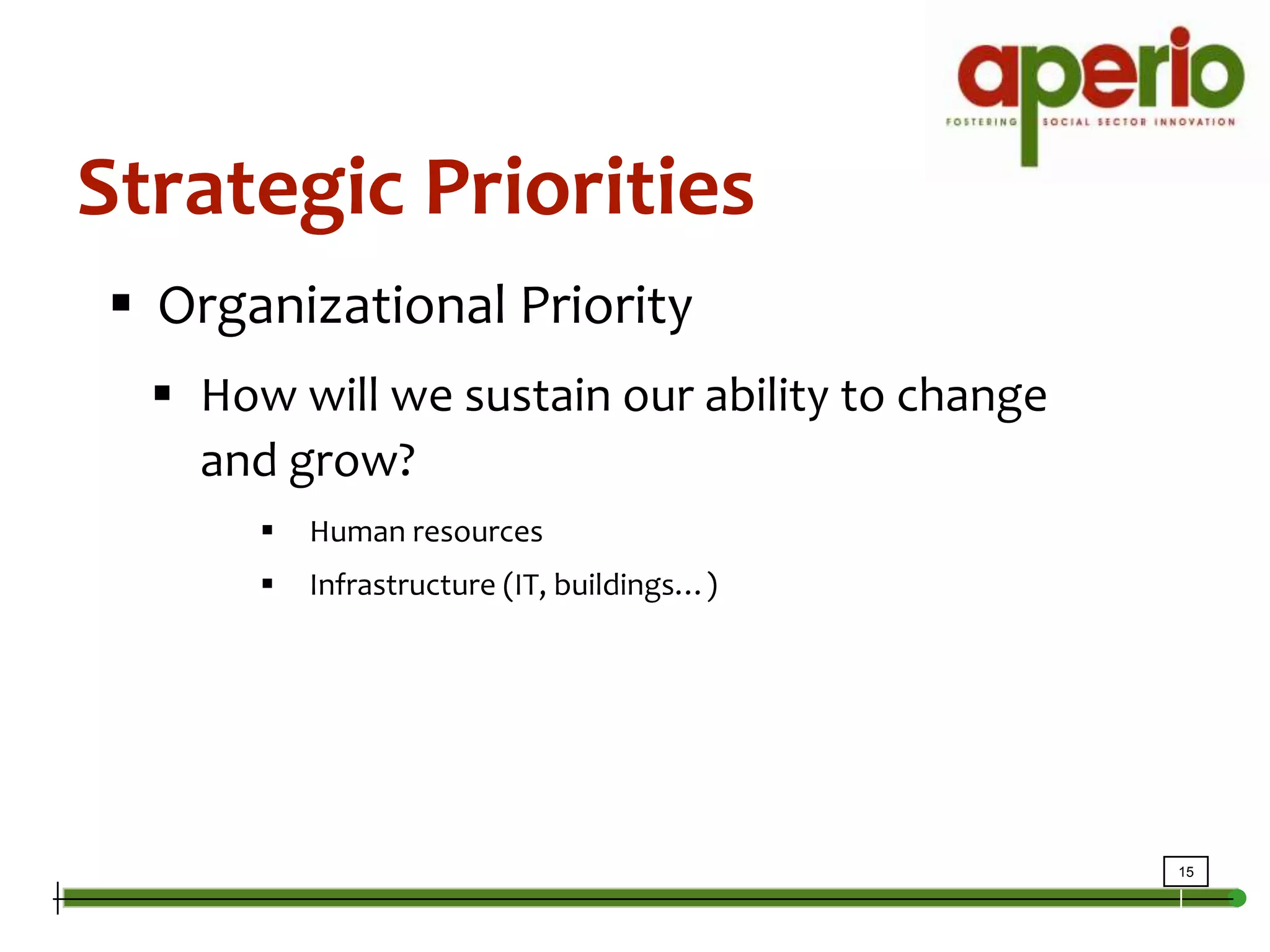 Strategic PrioritiesOrganizational PriorityHow will we sustain our ability to change and grow?Human resourcesInfrastructure (IT, buildings…)