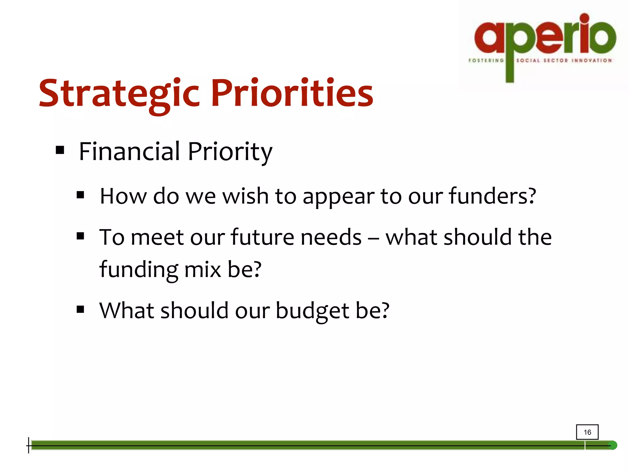 Strategic PrioritiesFinancial PriorityHow do we wish to appear to our funders?To meet our future needs – what should the funding mix be?What should our budget be?