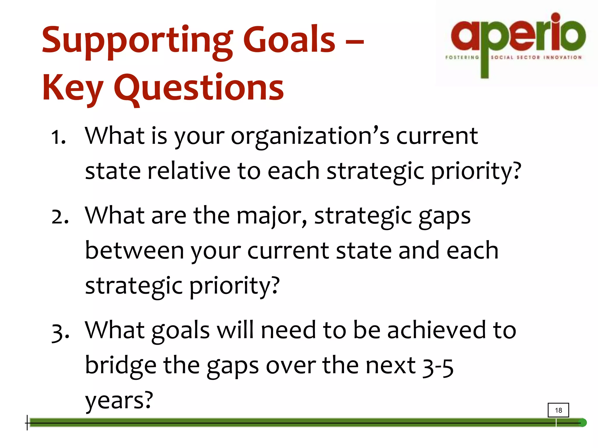 Supporting Goals – Key QuestionsWhat is your organization’s current state relative to each strategic priority?What are the major, strategic gaps between your current state and each strategic priority?What goals will need to be achieved to bridge the gaps over the next 3-5 years?