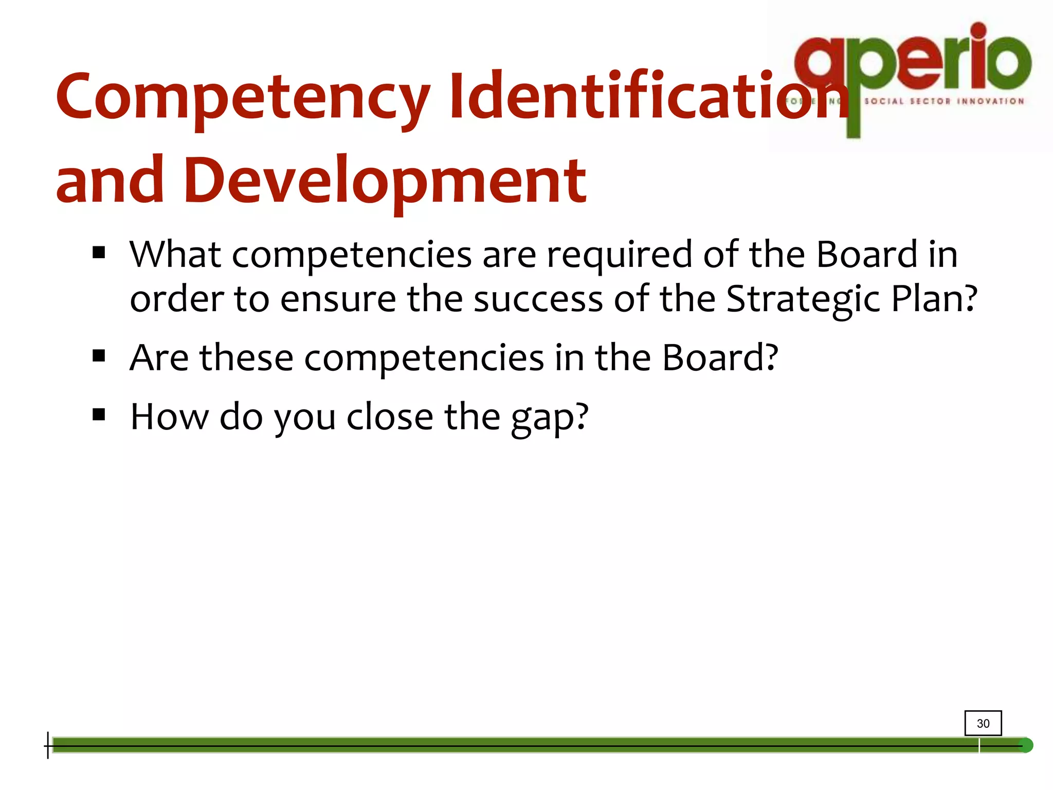 CompetenciesCompetency Identification and DevelopmentWhat competencies are required of the Board in order to ensure the success of the Strategic Plan?Are these competencies in the Board?How do you close the gap?