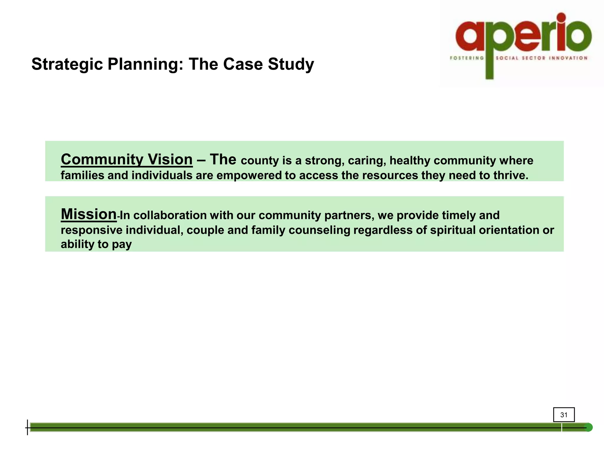 Strategic Planning: The Case StudyCommunity Vision – The county is a strong, caring, healthy community where families and individuals are empowered to access the resources they need to thrive.Mission-In collaboration with our community partners, we provide timely and responsive individual, couple and family counseling regardless of spiritual orientation or ability to pay