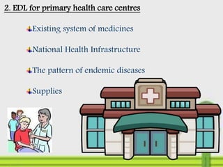 2. EDL for primary health care centres
Existing system of medicines
National Health Infrastructure
The pattern of endemic diseases
Supplies
 