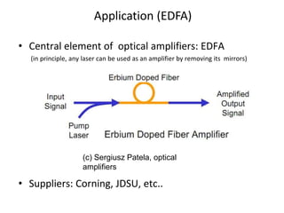 • Central element of optical amplifiers: EDFA
(in principle, any laser can be used as an amplifier by removing its mirrors)
• Suppliers: Corning, JDSU, etc..
Application (EDFA)
(c) Sergiusz Patela, optical
amplifiers
 