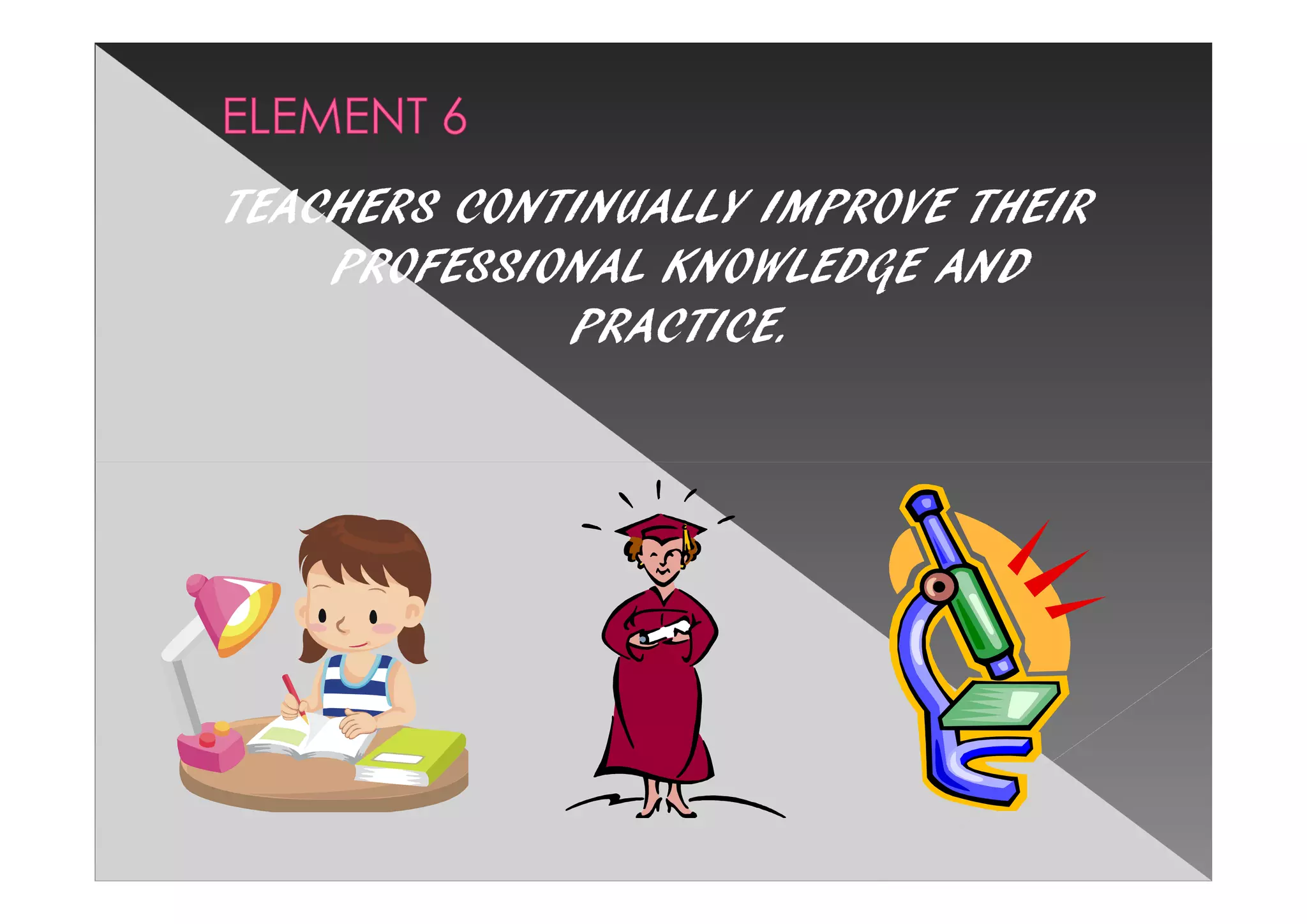 TEACHERS CONTINUALLY IMPROVE THEIR
    PROFESSIONAL KNOWLEDGE AND
             PRACTICE.
 