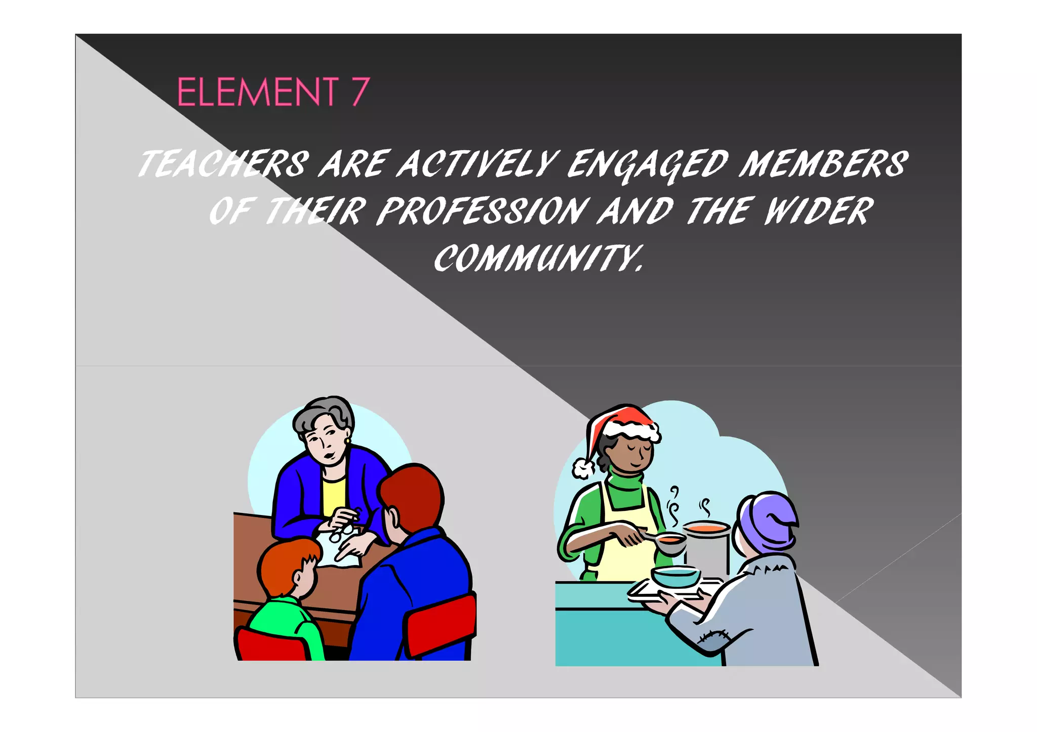 TEACHERS ARE ACTIVELY ENGAGED MEMBERS
    OF THEIR PROFESSION AND THE WIDER
                COMMUNITY.
 