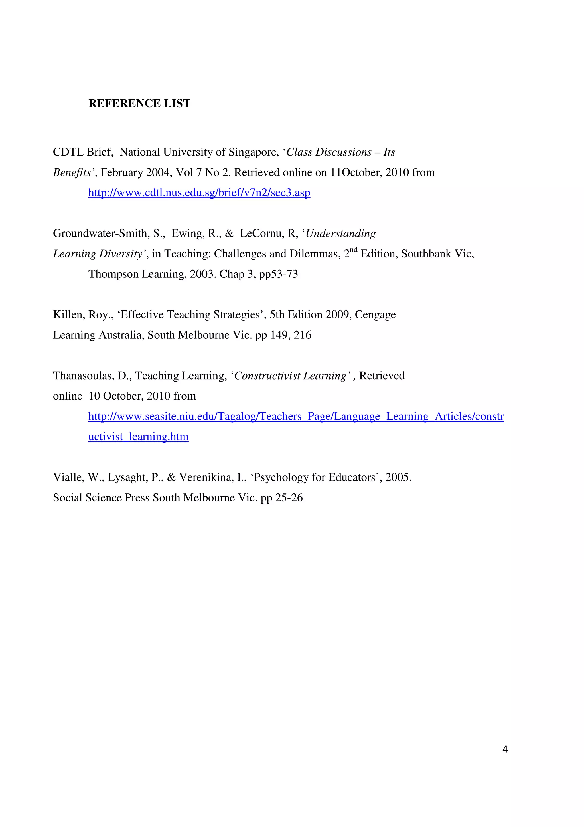 REFERENCE LIST



CDTL Brief, National University of Singapore, ‘Class Discussions – Its
Benefits’, February 2004, Vol 7 No 2. Retrieved online on 11October, 2010 from
       http://www.cdtl.nus.edu.sg/brief/v7n2/sec3.asp


Groundwater-Smith, S., Ewing, R., & LeCornu, R, ‘Understanding
Learning Diversity’, in Teaching: Challenges and Dilemmas, 2nd Edition, Southbank Vic,
       Thompson Learning, 2003. Chap 3, pp53-73


Killen, Roy., ‘Effective Teaching Strategies’, 5th Edition 2009, Cengage
Learning Australia, South Melbourne Vic. pp 149, 216


Thanasoulas, D., Teaching Learning, ‘Constructivist Learning’ , Retrieved
online 10 October, 2010 from
       http://www.seasite.niu.edu/Tagalog/Teachers_Page/Language_Learning_Articles/constr
       uctivist_learning.htm


Vialle, W., Lysaght, P., & Verenikina, I., ‘Psychology for Educators’, 2005.
Social Science Press South Melbourne Vic. pp 25-26




                                                                                         4
 