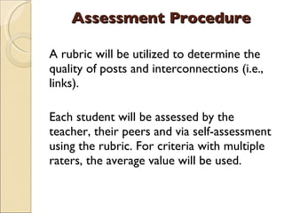 Assessment Procedure A rubric will be utilized to determine the quality of posts and interconnections (i.e., links).  Each student will be assessed by the teacher, their peers and via self-assessment using the rubric. For criteria with multiple raters, the average value will be used. 