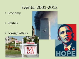 Events: 2001-2012
• Economy
• Politics
• Foreign affairs
 