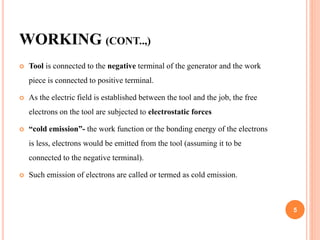 WORKING (CONT..,)
 Tool is connected to the negative terminal of the generator and the work
piece is connected to positive terminal.
 As the electric field is established between the tool and the job, the free
electrons on the tool are subjected to electrostatic forces
 “cold emission”- the work function or the bonding energy of the electrons
is less, electrons would be emitted from the tool (assuming it to be
connected to the negative terminal).
 Such emission of electrons are called or termed as cold emission.
5
 