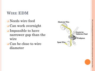WIRE EDM
 Needs wire feed
 Can work overnight
 Impossible to have
narrower gap than the
wire
 Can be close to wire
diameter
http://www.new.manufacturinget.com/wp-content/uploads/2009/04/picture7.jpg
 