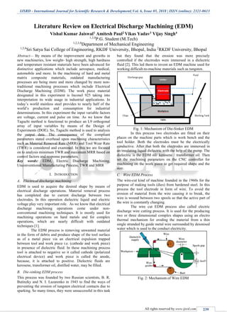 IJSRD - International Journal for Scientific Research & Development| Vol. 6, Issue 05, 2018 | ISSN (online): 2321-0613
All rights reserved by www.ijsrd.com 239
Literature Review on Electrical Discharge Machining (EDM)
Vishal Kumar Jaiswal1 Amitesh Paul2 Vikas Yadav3 Vijay Singh4
1,3,4
P.G. Student (M.Tech)
1,2,3,4
Department of Mechanical Engineering
1,3,4
Sri Satya Sai College of Engineering, RKDF University, Bhopal, India 2
RKDF University, Bhopal
Abstract— By means of the improvement and growths in
new machineries, low weight- high strength, high hardness
and temperature resistant materials have been advanced for
distinctive applications which include aerospace, medical,
automobile and more. In the machining of hard and metal
matrix composite materials, outdated manufacturing
processes are being more and more changed by more non-
traditional machining processes which include Electrical
Discharge Machining (EDM). The work piece material
designated in this experiment is Inconel 925 taking into
interpretation its wide usage in industrial applications. In
today’s world stainless steel provides to nearly half of the
world’s production and consumption for industrial
determinations. In this experiment the input variable factors
are voltage, current and pulse on time. As we know that
Taguchi method is functional to produce an L9 orthogonal
array of input variables by means of the Design of
Experiments (DOE). So, Taguchi method is used to analysis
the output data. The consequence of the compliant
parameters stated overhead upon machining characteristics
such as Material Removal Rate (MRR) and Tool Wear Rate
(TWR) is considered and examined. In this we are focused
on to analysis minimum TWR and maximum MRR based on
control factors and response parameters.
Key words: EDM, Electric Discharge Machining,
Unconventional Manufacturing Process, TWR and MRR
I. INTRODUCTION
A. Electrical discharge machining
EDM is used to acquire the desired shape by means of
electrical discharge operations. Material removal process
has completed due to current discharge between two
electrodes. In this operation dielectric liquid and electric
voltage play very important role. As we know that electrical
discharge machining operations come under non-
conventional machining techniques. It is mostly used for
machining operations on hard metals and for complex
operations, which are nearly difficult with outdated
techniques [1].
The EDM process is removing unwanted material
in the form of debris and produce shape of the tool surface
as of a metal piece via an electrical expulsion trapped
between tool and work piece i.e. (cathode and work piece)
in presence of dielectric fluid. In these machining process
tool is attached to negative so it called cathode (polarized
electrical device) and work piece is called the anode,
because, it is attached to positive. Dielectric fluids are
kerosene, transformer oil, distilled water, may be filled.
B. Die-sinking EDM process
This process was founded by two Russian scientists, B. R.
Butinzky and N. I. Lazarenko in 1943 to find the ways of
preventing the erosion of tungsten electrical contacts due to
sparking. So many times, they were unsuccessful in this task
but they found that the erosion was more precisely
controlled if the electrodes were immersed in a dielectric
fluid [2]. This led them to invent an EDM machine used for
working difficult-to-machine materials such as tungsten.
Fig. 1: Mechanism of Die-Sinker EDM
In this process two electrodes are fitted on their
places on the machine parts which is work bench and the
tool holder. Both the electrodes must be the electrically
conductive. After that both the electrodes are immersed in
an insulating liquid dielectric with the help of the pump. The
dielectric is the EDM oil/ kerosene / transformer oil. Then
set the machining parameters on the CNC controller for
machining on the work piece to get required shape and the
size.
C. Wire EDM Process
The wire-cut kind of machine founded in the 1960s for the
purpose of making tools (dies) from hardened steel. In this
process the tool electrode in form of wire. To avoid the
erosion of material from the wire causing it to break, the
wire is wound between two spools so that the active part of
the wire is constantly changing.
The wire cut EDM process also called electric
discharge wire cutting process. It is used for the producing
two or three dimensional complex shapes using an electro
thermal mechanism for eroding the material from a thin
single stranded by guide metal wire surrounded by deionised
water which is used to the conduct electricity.
Fig. 2: Mechanism of Wire EDM
 