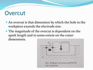 Overcut
 An overcut is that dimension by which the hole in the
workpiece exceeds the electrode size.
 The magnitude of the overcut is dependent on the
spark length and to some extent on the crater
dimensions.
 